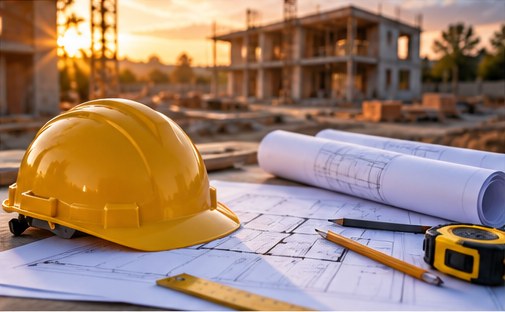 Projekt, kask i taśma miernicza na stole