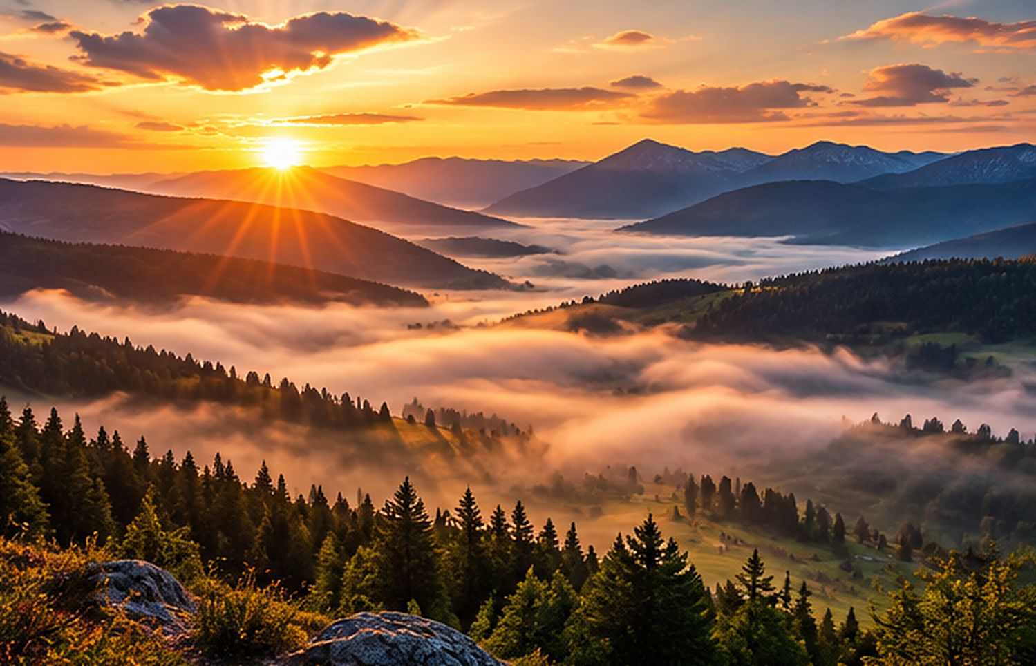 Wschód słońca nad doliną we mgle