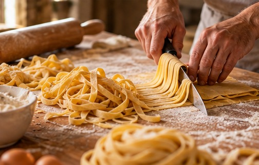 Ręce tnące świeże tagliatelle