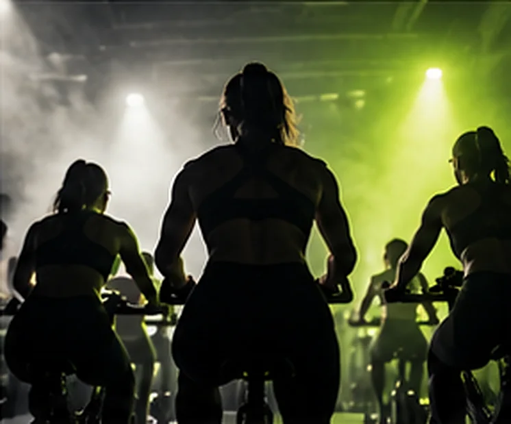 Grupa na zajęciach rowerowych w świetle reflektorów