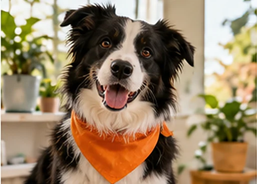 Border collie w pomarańczowej chustce przy oknie kliniki