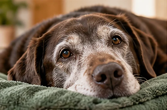 Starszy labrador z siwym pyskiem odpoczywający na poduszce